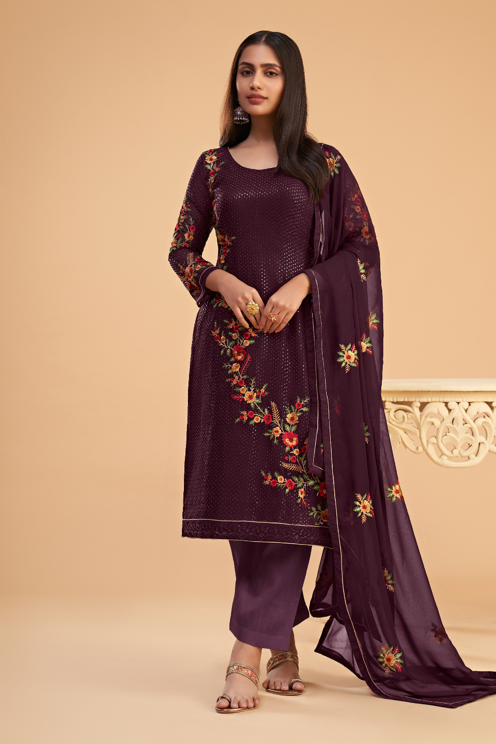 Designer Embroidered Pant Suit in Flowing Georgette
