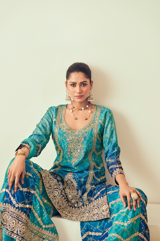 Lehenga Choli de seda de diseñador en color azul turquesa, lista para usar, con brillo y detalles de espejo
