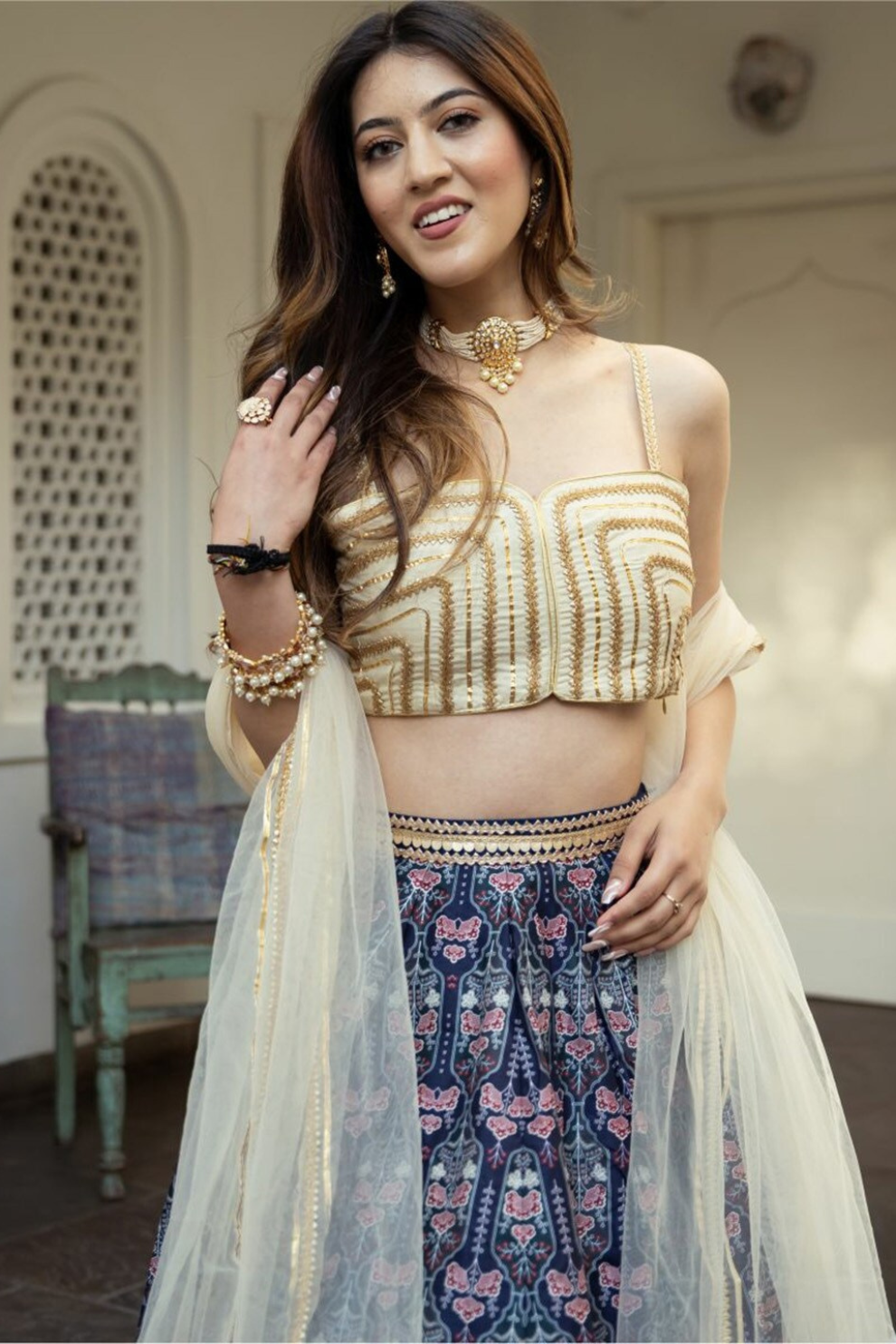 Delicate Floral Print Organza Lehenga Choli in Flared Style