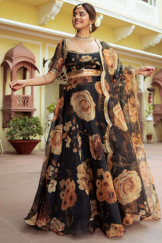 Delicate Floral Print Organza Lehenga Choli in Flared Style