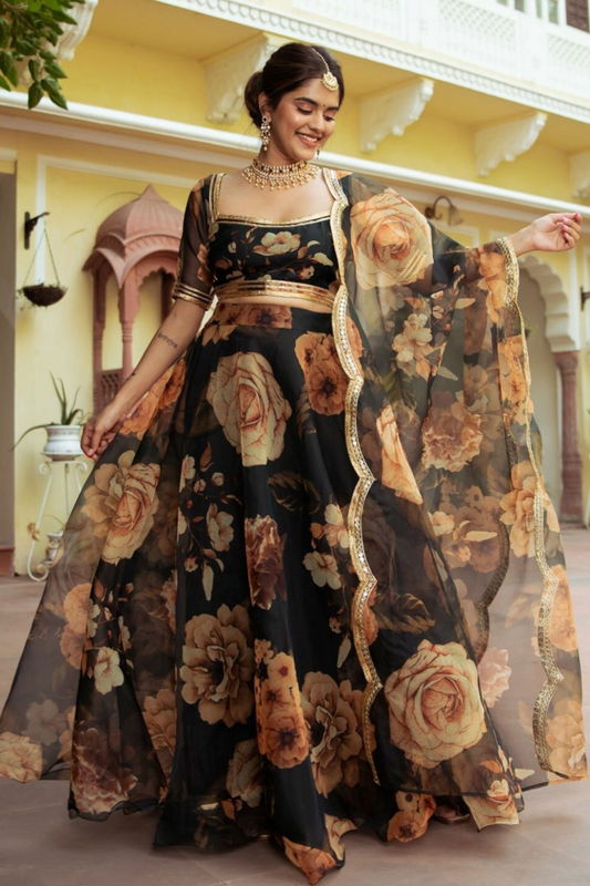 Delicate Floral Print Organza Lehenga Choli in Flared Style