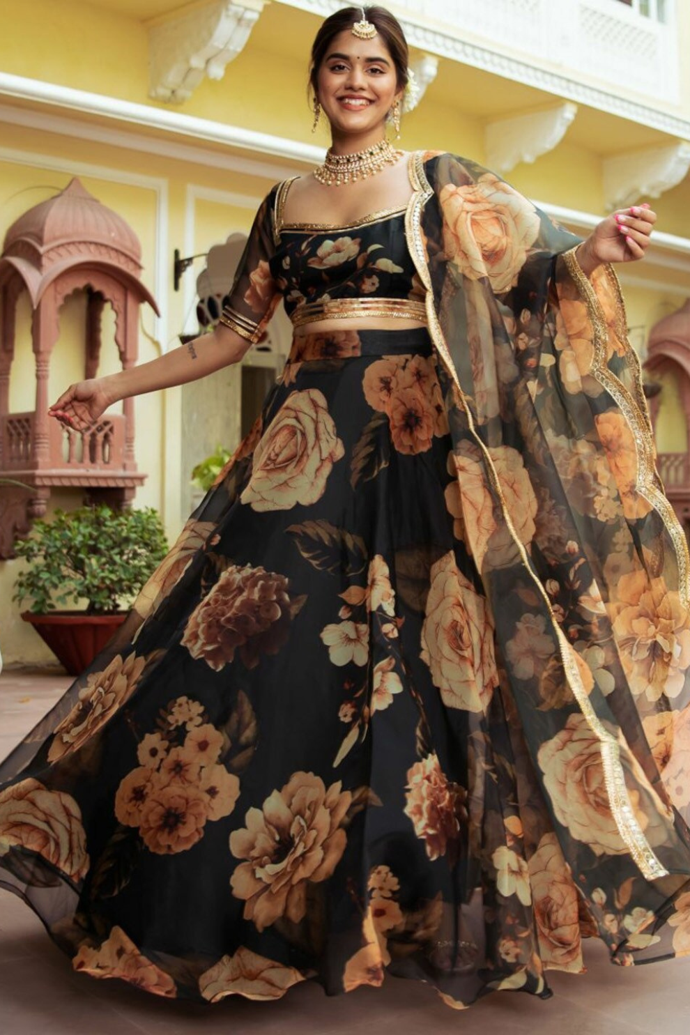 Delicate Floral Print Organza Lehenga Choli in Flared Style