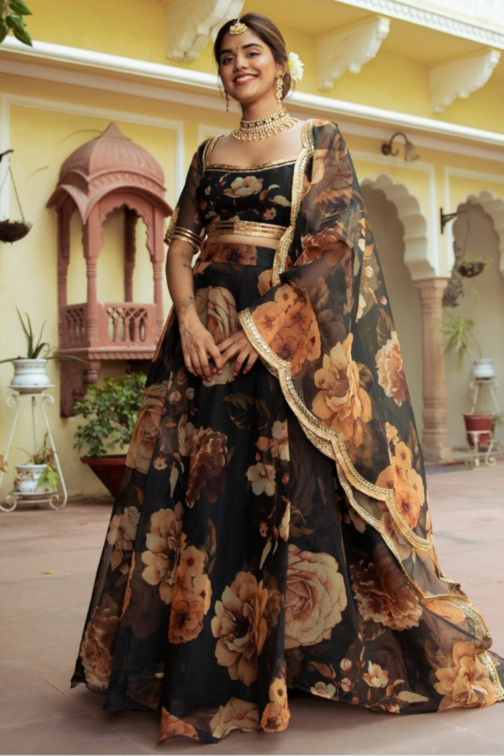 Delicate Floral Print Organza Lehenga Choli in Flared Style