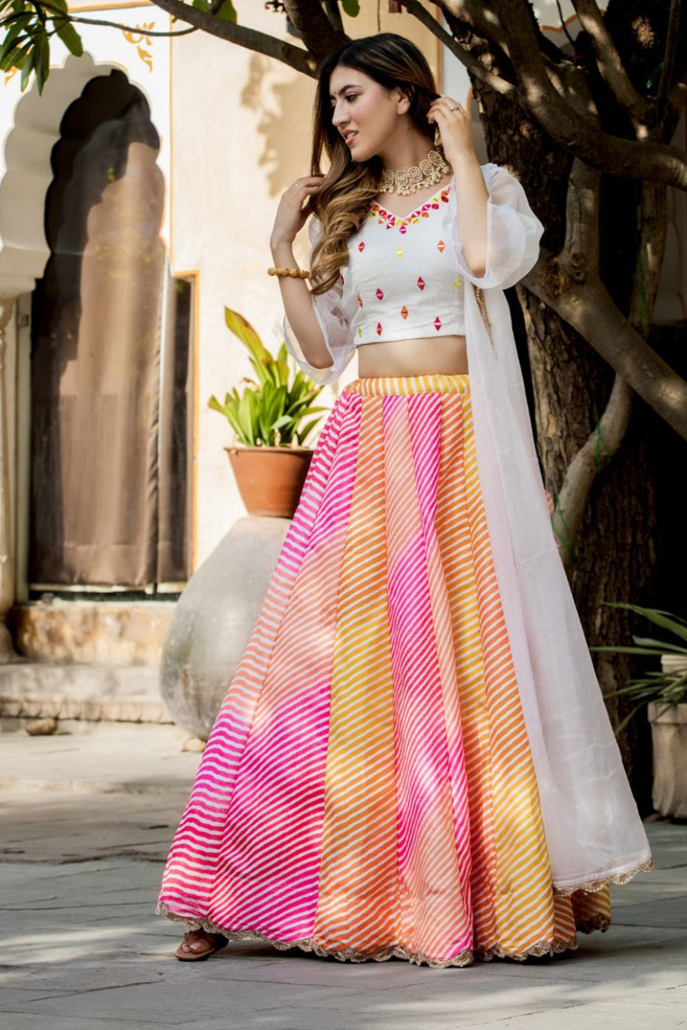 Delicate Floral Print Organza Lehenga Choli in Flared Style