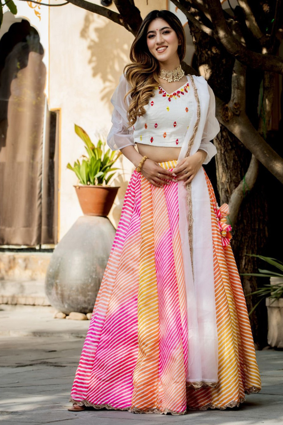 Delicate Floral Print Organza Lehenga Choli in Flared Style