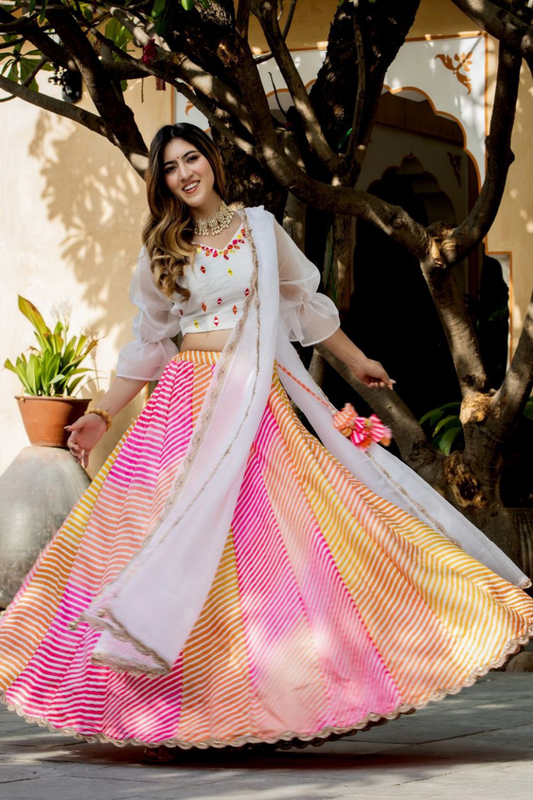 Delicate Floral Print Organza Lehenga Choli in Flared Style