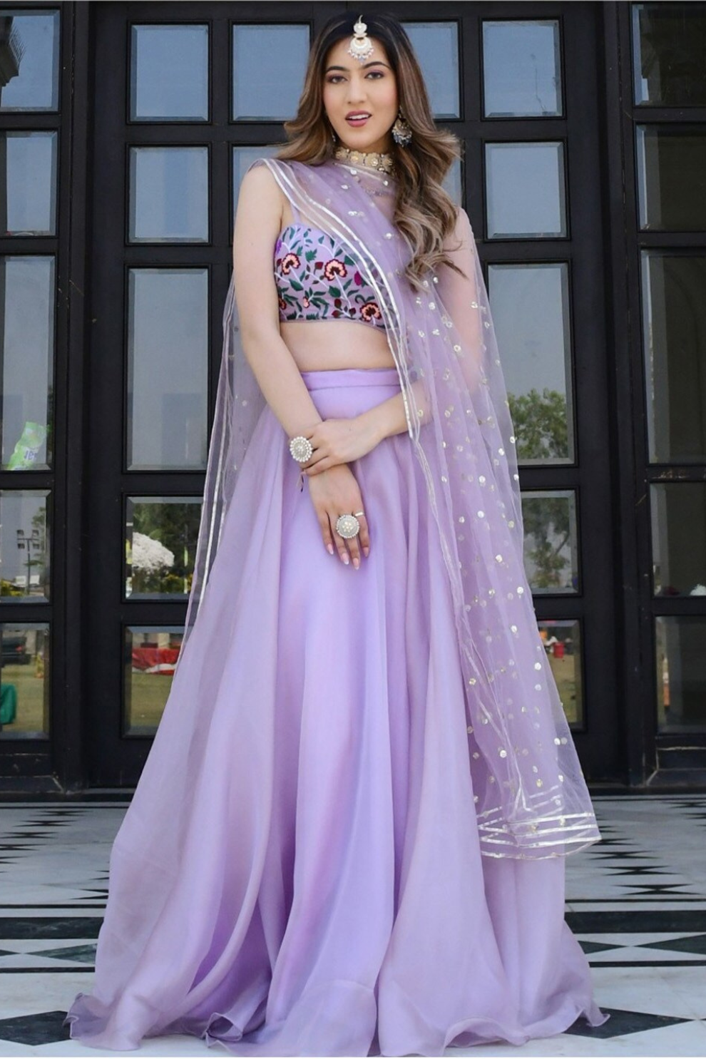 Delicate Floral Print Organza Lehenga Choli in Flared Style