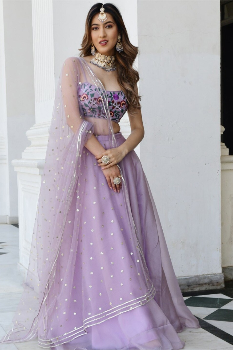 Delicate Floral Print Organza Lehenga Choli in Flared Style