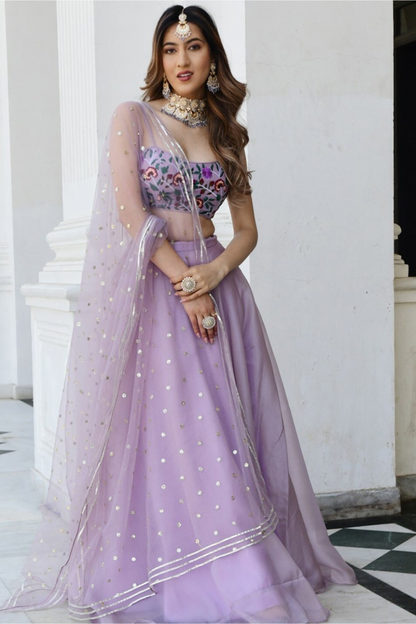 Delicate Floral Print Organza Lehenga Choli in Flared Style