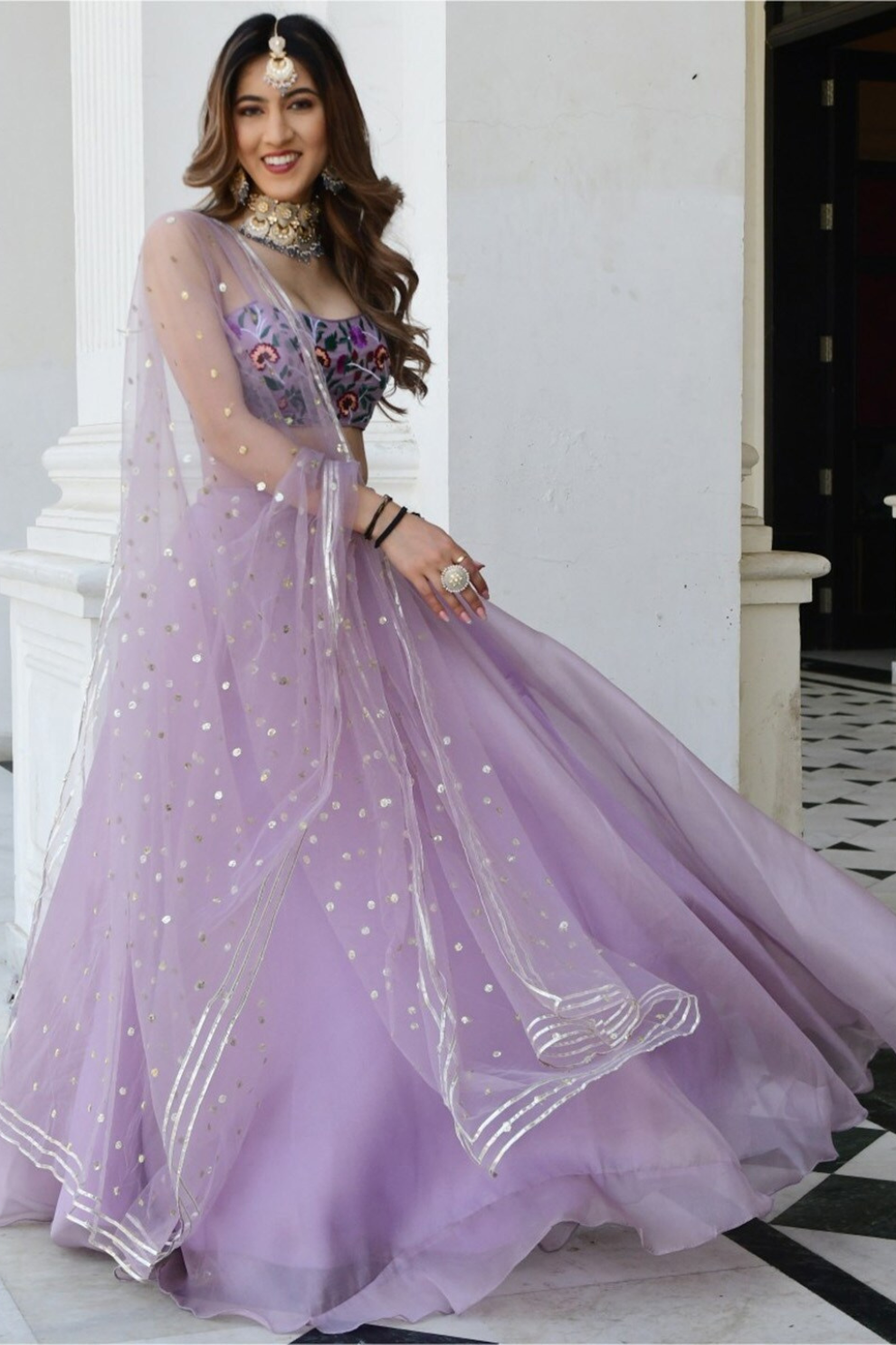 Delicate Floral Print Organza Lehenga Choli in Flared Style