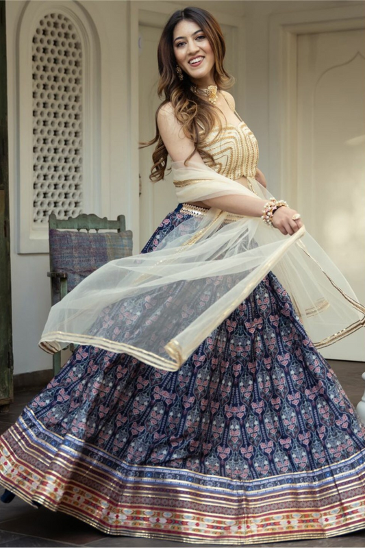 Delicate Floral Print Organza Lehenga Choli in Flared Style
