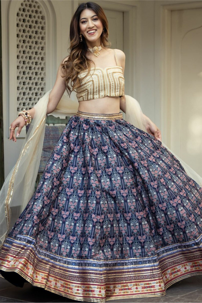 Delicate Floral Print Organza Lehenga Choli in Flared Style