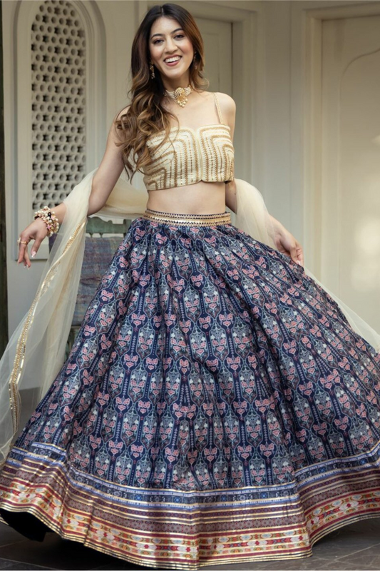 Delicate Floral Print Organza Lehenga Choli in Flared Style