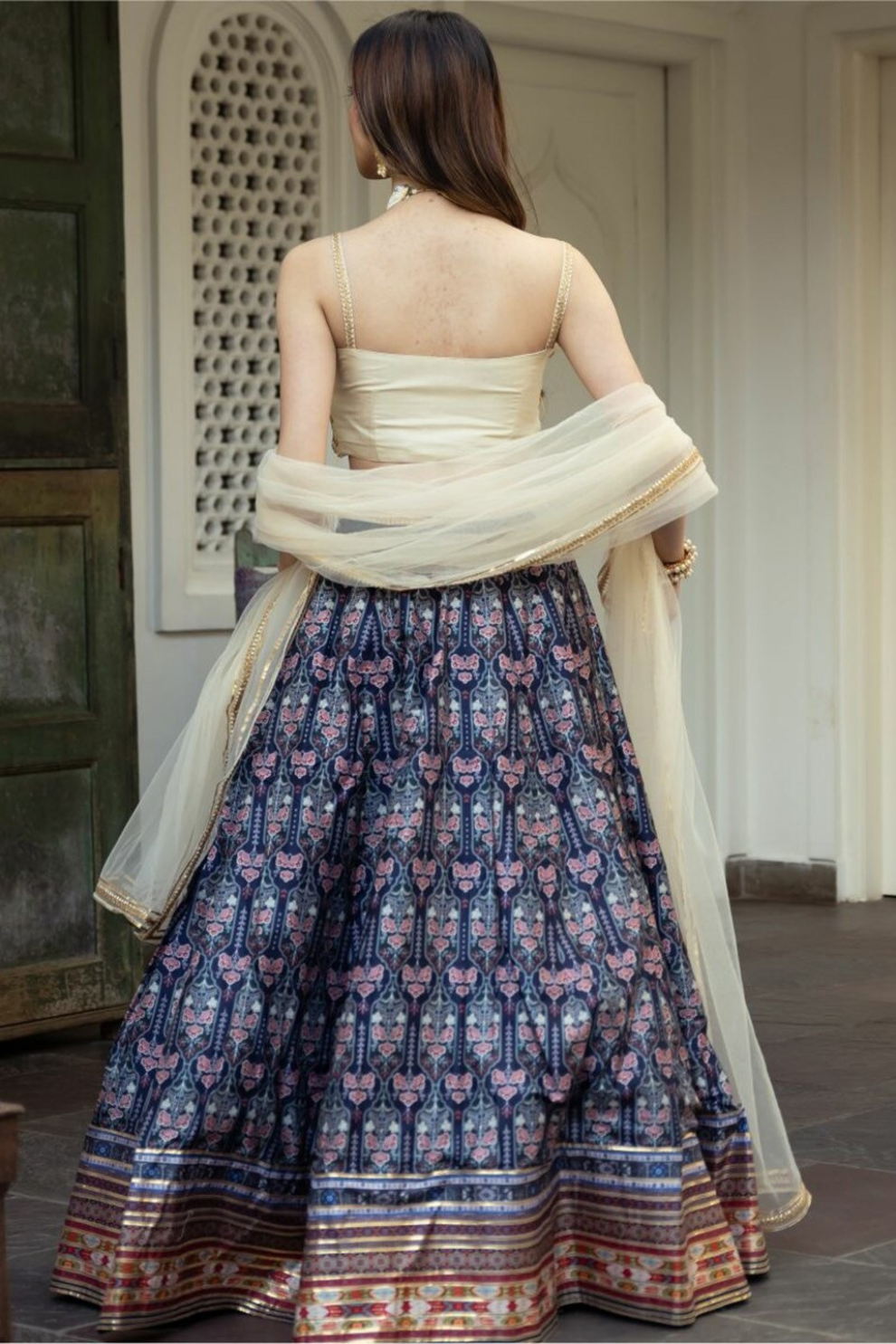 Delicate Floral Print Organza Lehenga Choli in Flared Style