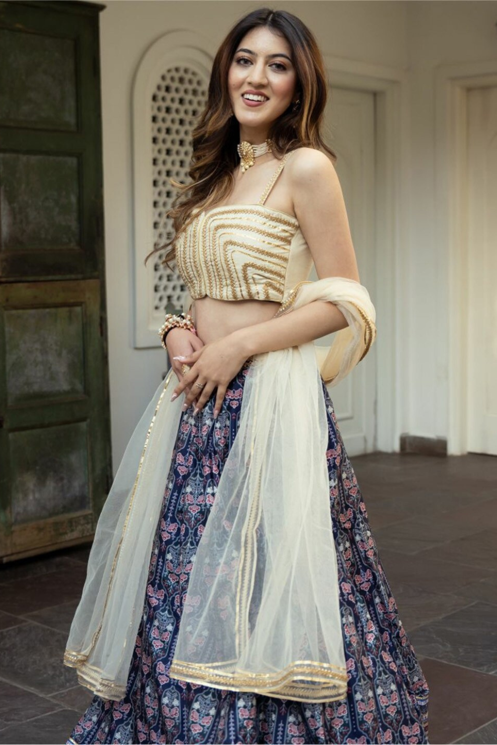 Delicate Floral Print Organza Lehenga Choli in Flared Style