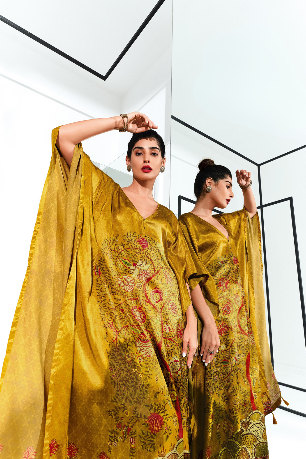 Gaji Silk Printed Kaftan Top Paired with Cotton Bottom
