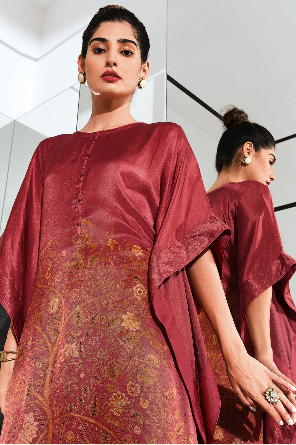 Gaji Silk Printed Kaftan Top Paired with Cotton Bottom