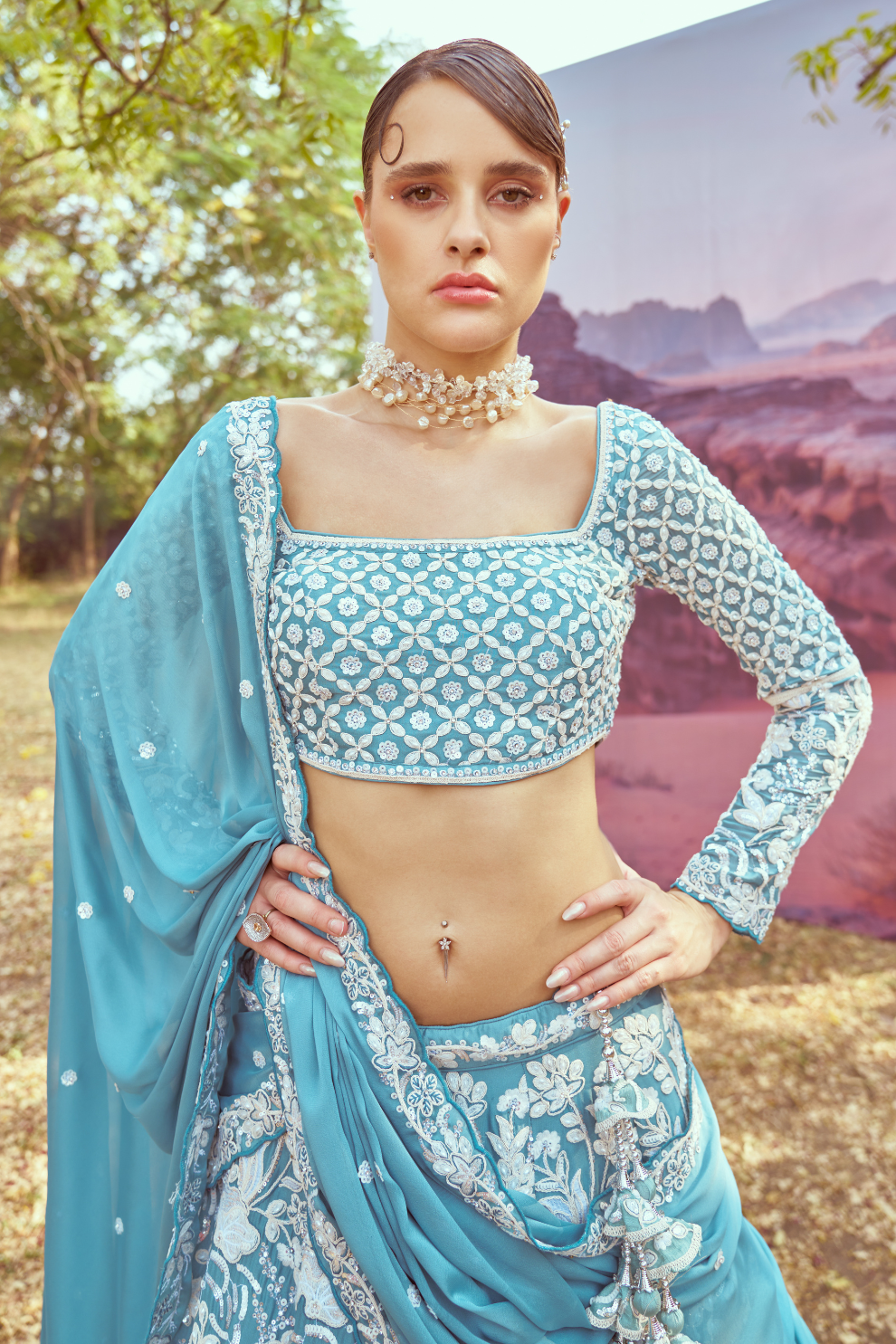 Embroidered Georgette Lehenga Set with Delicate Bead Work