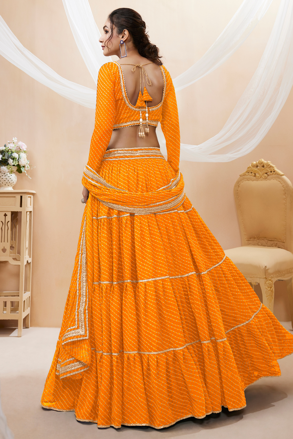 Ethnic Georgette Lehenga Featuring Leheriya Print & Lace Detailing