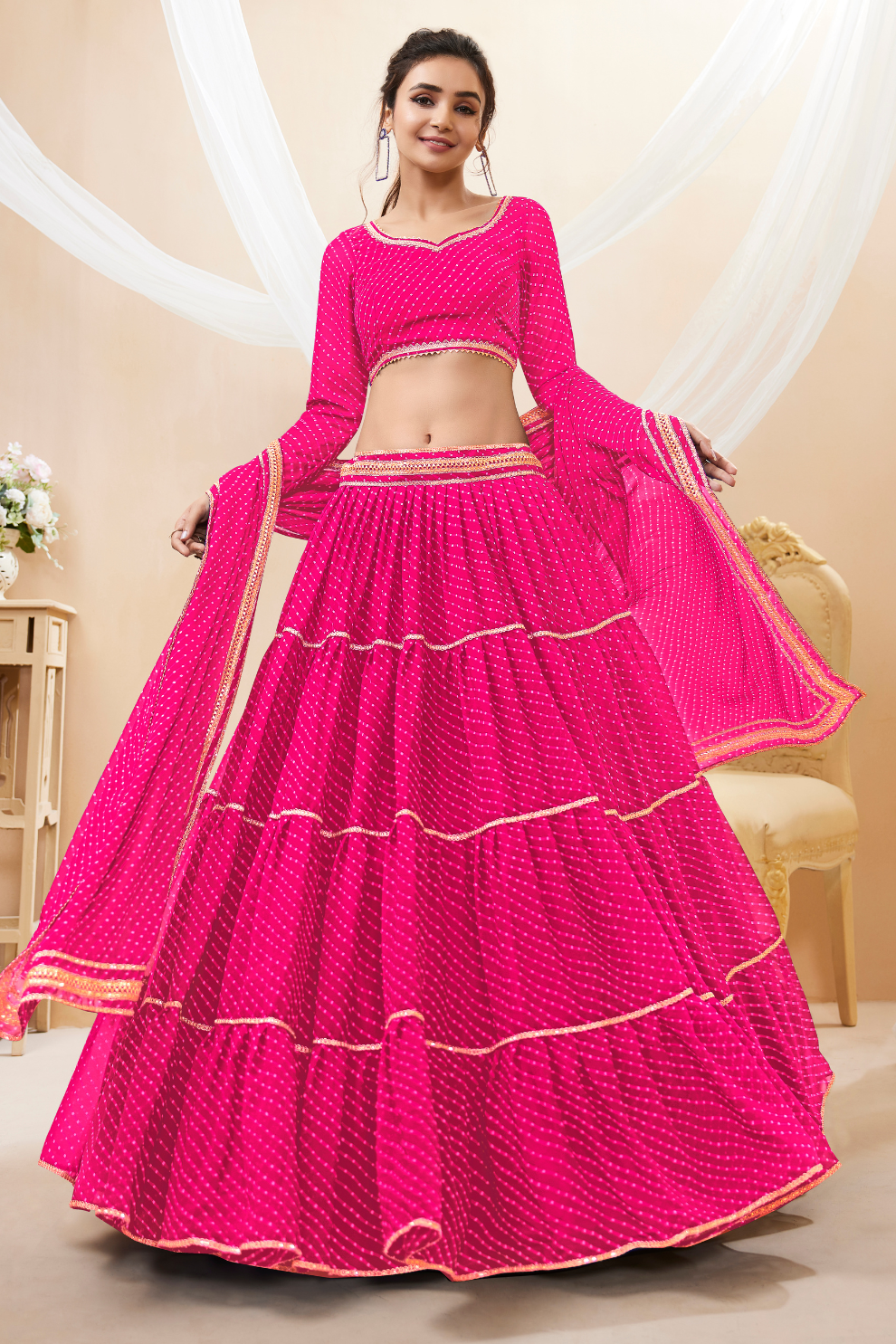 Ethnic Georgette Lehenga Featuring Leheriya Print & Lace Detailing