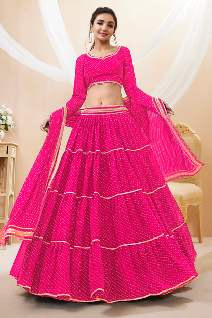 Ethnic Georgette Lehenga Featuring Leheriya Print & Lace Detailing