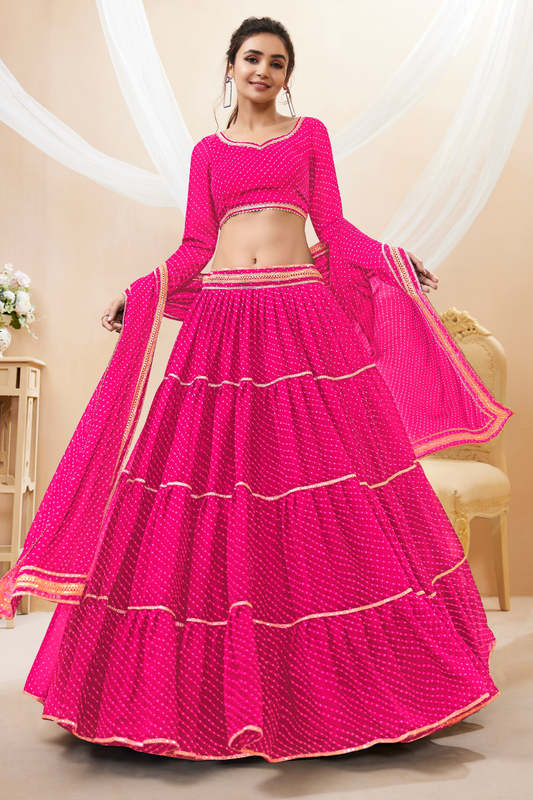 Ethnic Georgette Lehenga Featuring Leheriya Print & Lace Detailing