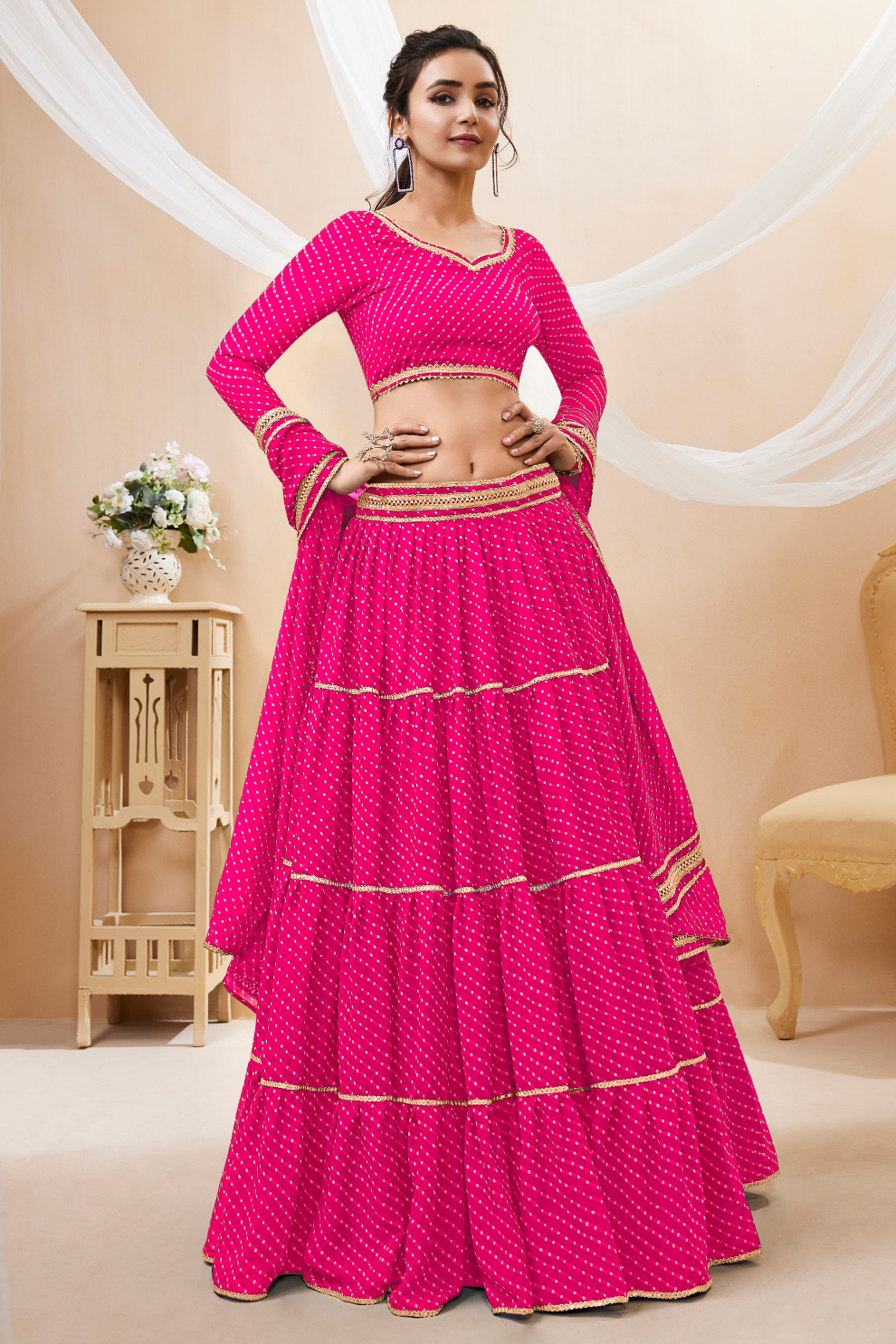 Ethnic Georgette Lehenga Featuring Leheriya Print & Lace Detailing