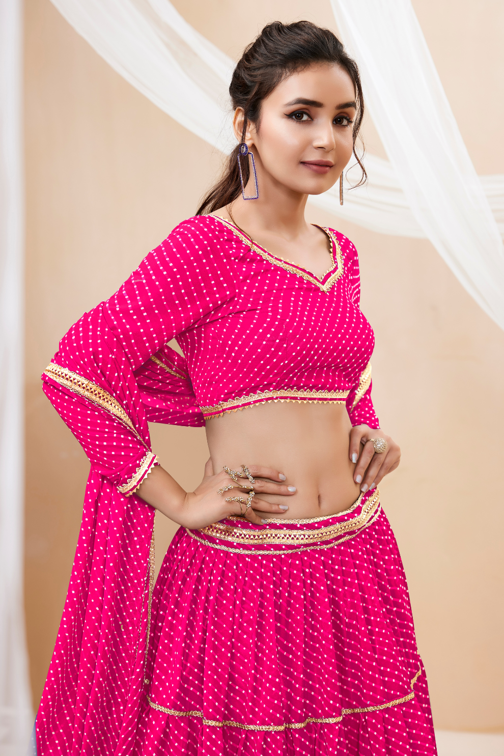 Ethnic Georgette Lehenga Featuring Leheriya Print & Lace Detailing
