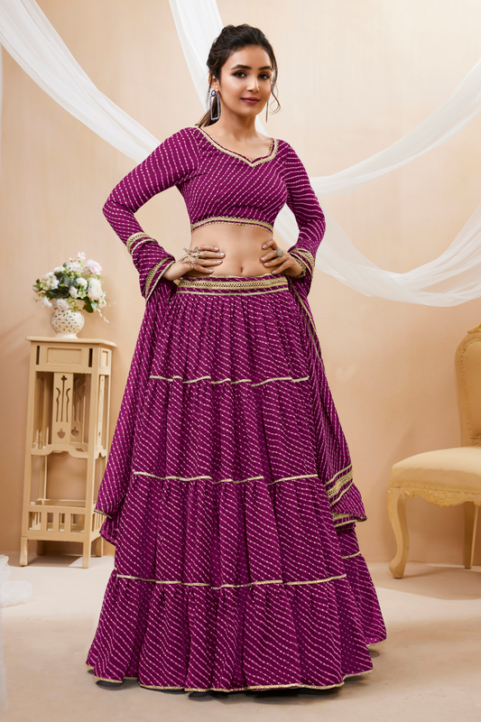 Ethnic Georgette Lehenga Featuring Leheriya Print & Lace Detailing