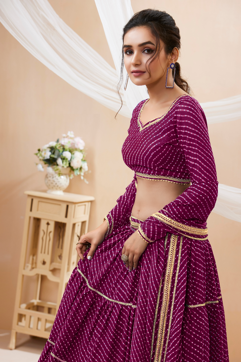 Ethnic Georgette Lehenga Featuring Leheriya Print & Lace Detailing