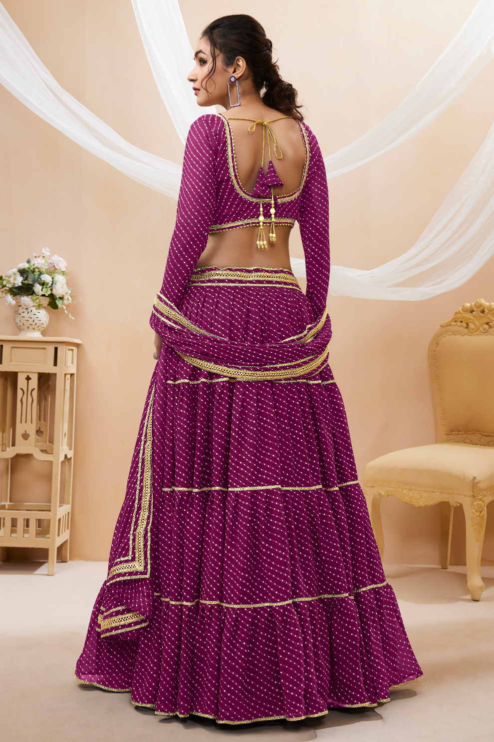 Ethnic Georgette Lehenga Featuring Leheriya Print & Lace Detailing
