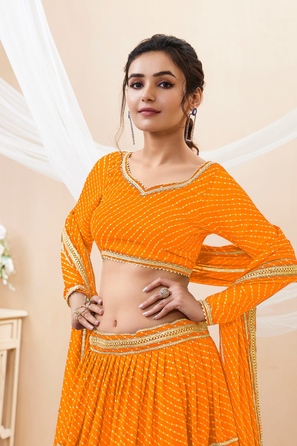 Ethnic Georgette Lehenga Featuring Leheriya Print & Lace Detailing
