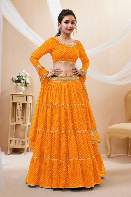Ethnic Georgette Lehenga Featuring Leheriya Print & Lace Detailing