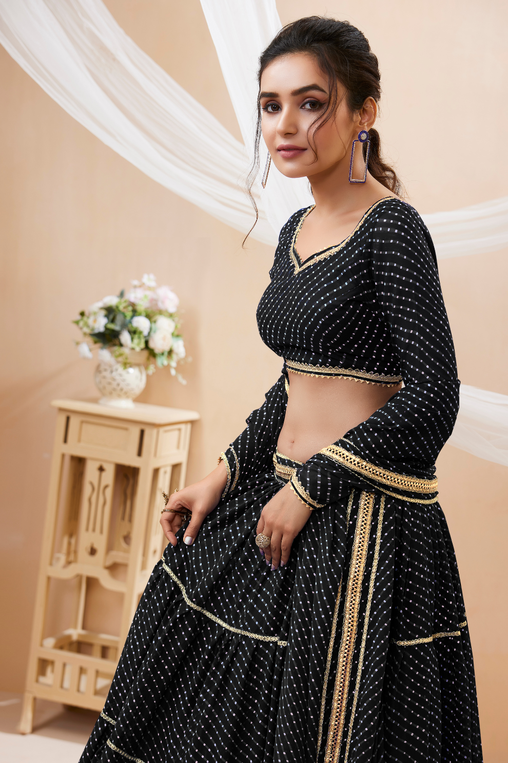 Ethnic Georgette Lehenga Featuring Leheriya Print & Lace Detailing