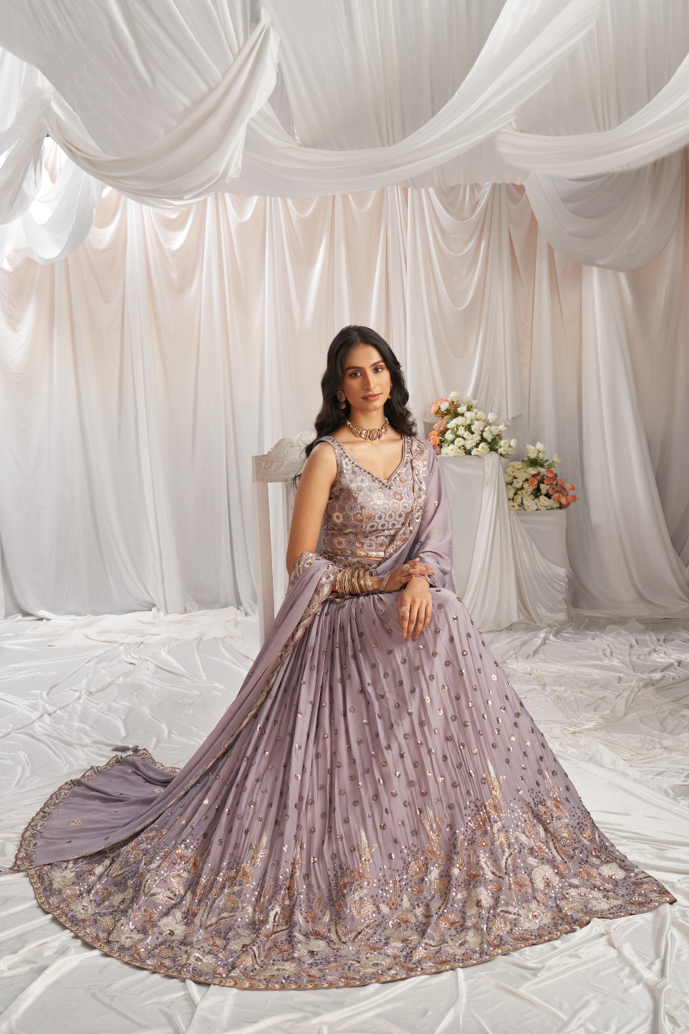 Georgette Sequin Embroidered Semi-Stitched Lehenga Choli & Dupatta