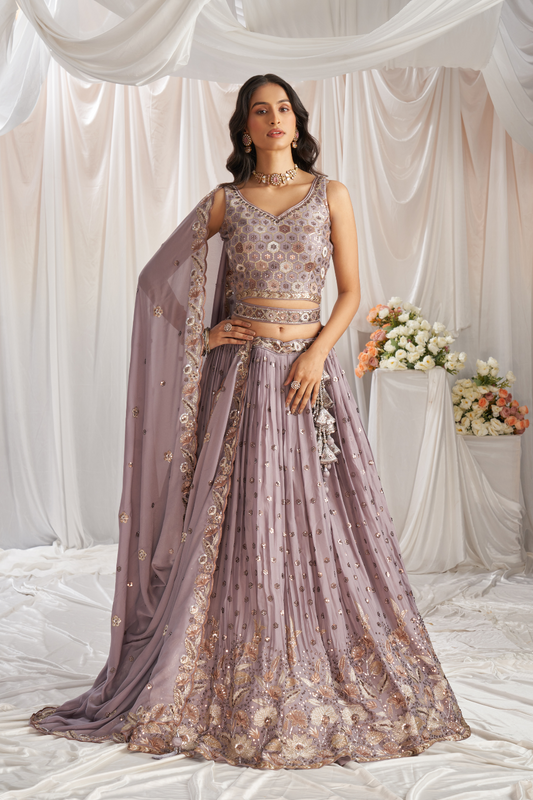 Georgette Sequin Embroidered Semi-Stitched Lehenga Choli & Dupatta