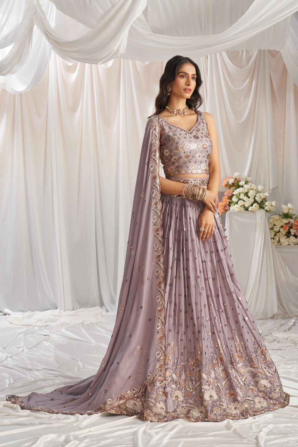 Georgette Sequin Embroidered Semi-Stitched Lehenga Choli & Dupatta