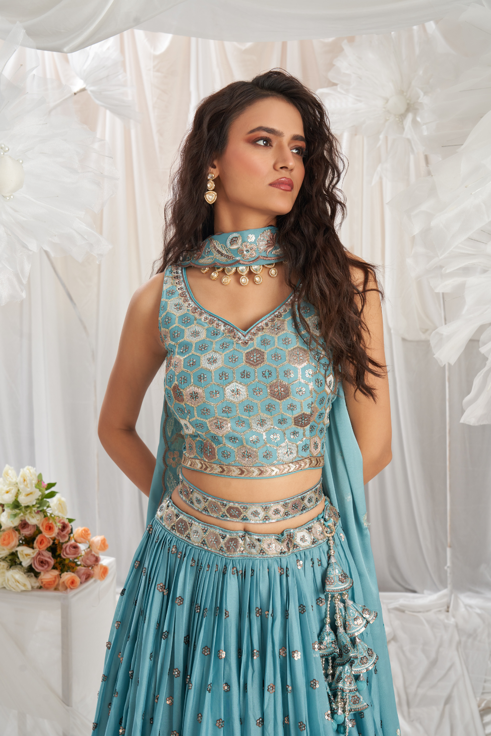 Georgette Sequin Embroidered Semi-Stitched Lehenga Choli & Dupatta
