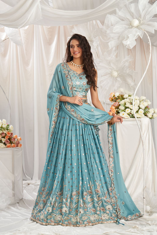 Georgette Sequin Embroidered Semi-Stitched Lehenga Choli & Dupatta