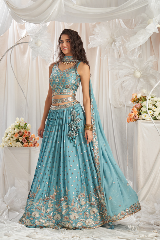 Georgette Sequin Embroidered Semi-Stitched Lehenga Choli & Dupatta