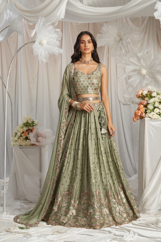 Georgette Sequin Embroidered Semi-Stitched Lehenga Choli & Dupatta