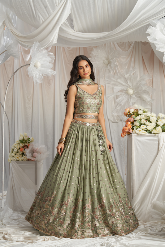Georgette Sequin Embroidered Semi-Stitched Lehenga Choli & Dupatta