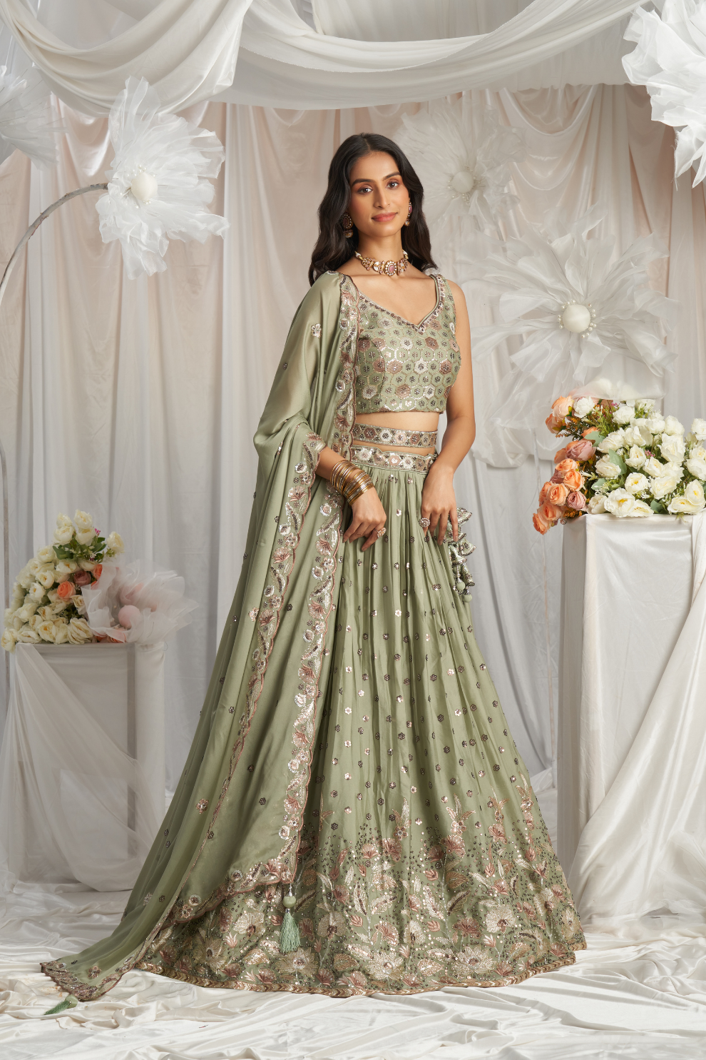 Georgette Sequin Embroidered Semi-Stitched Lehenga Choli & Dupatta