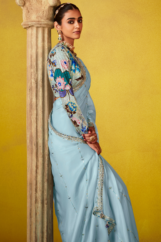 Tissue Silk Embroidered Saree with Sequins and Beads Work