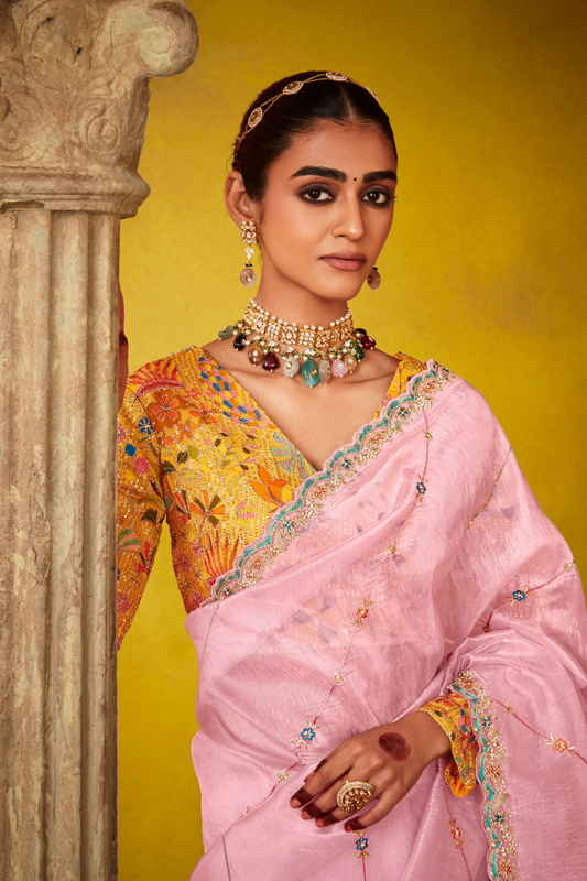 Tissue Silk Embroidered Saree with Sequins and Beads Work