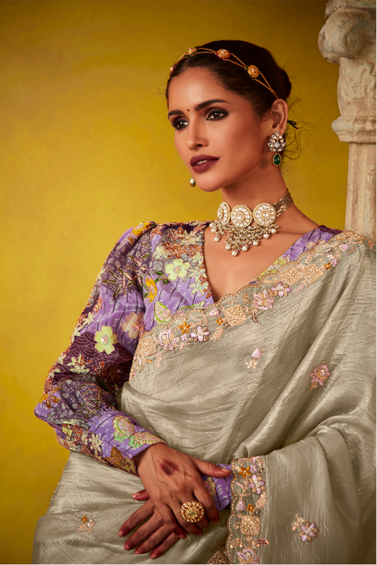 Tissue Silk Embroidered Saree with Sequins and Beads Work