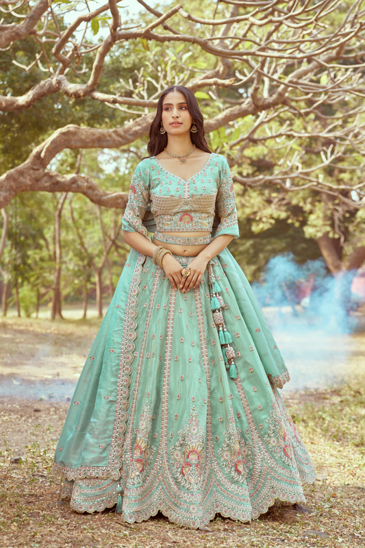 Gold Crushed Tissue Lehenga Choli with Moti and Zari Work