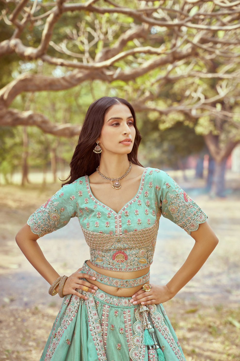 Gold Crushed Tissue Lehenga Choli with Moti and Zari Work