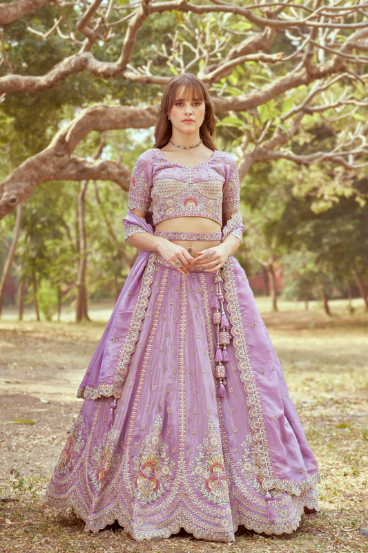 Gold Crushed Tissue Lehenga Choli with Moti and Zari Work