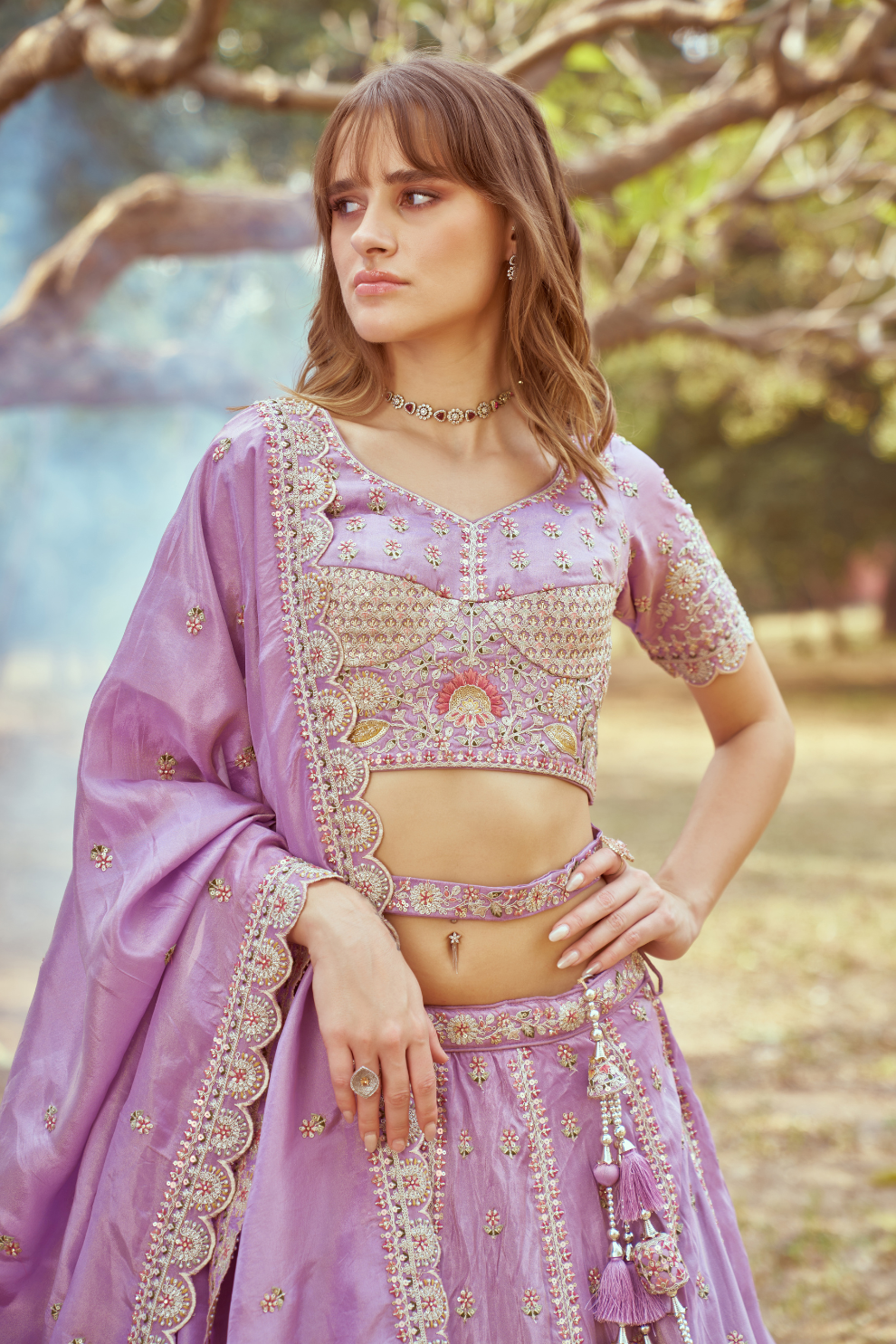 Gold Crushed Tissue Lehenga Choli with Moti and Zari Work